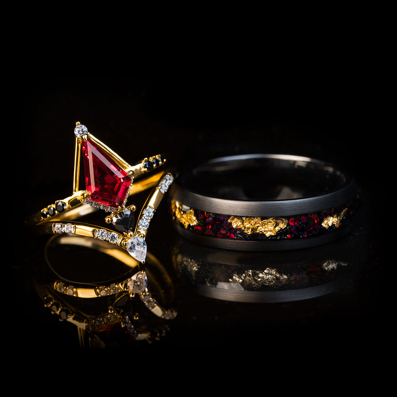 Black Gold Red Stone Engagement Rings Black Ring With Red Heart