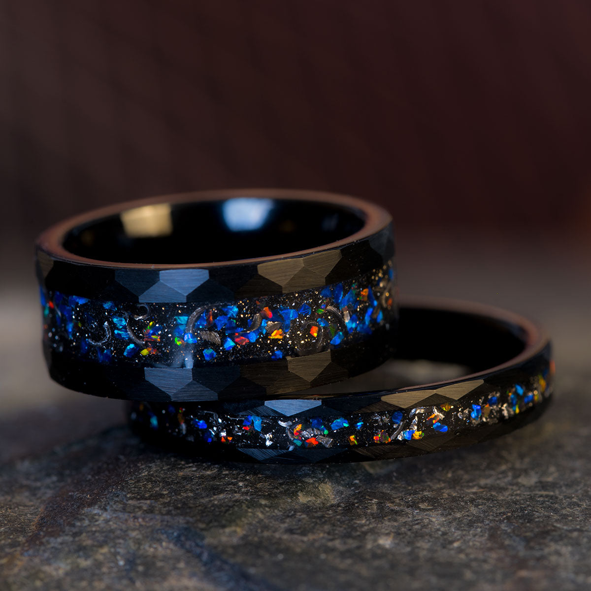 THE BLUE GALAXY – Black Hammered Tungsten Band with Opal | Manlemars