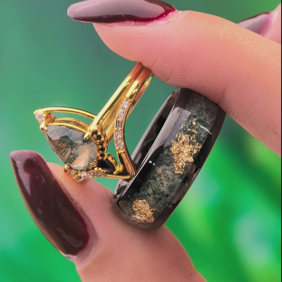 THE Elf KING SET - Black Tungsten Ring & Gold Moss Agate Ring
